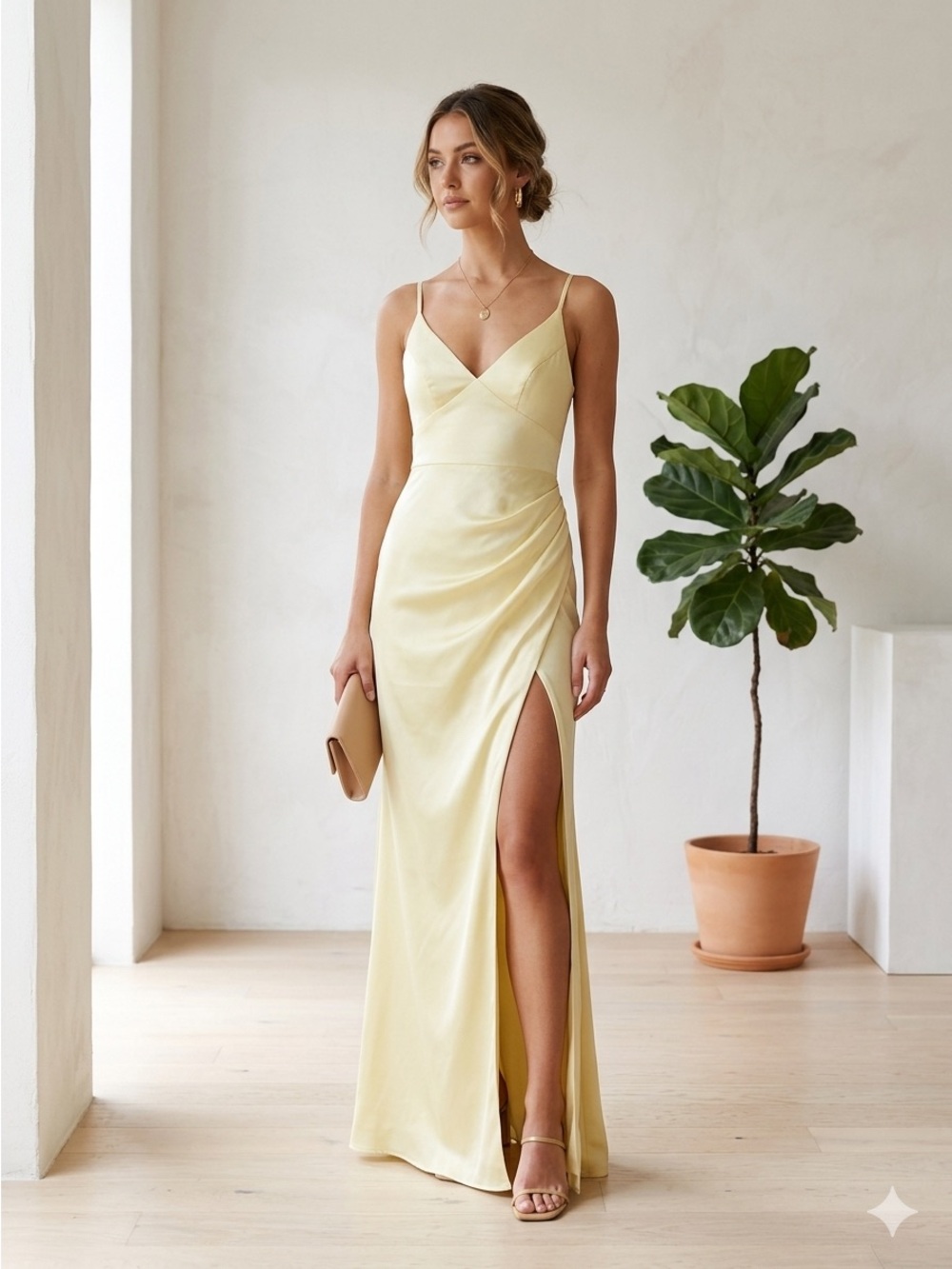 Butter Yellow Satin V-Neck Maxi Dress Gown - US 4 (A4) - Picture 1 of 7